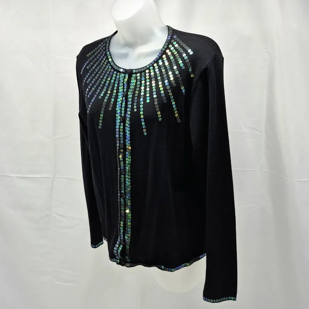 Dress Barn Black Sequin Cardigan Sweater Large Metallic Iridescent Button Up - Picture 4 of 12